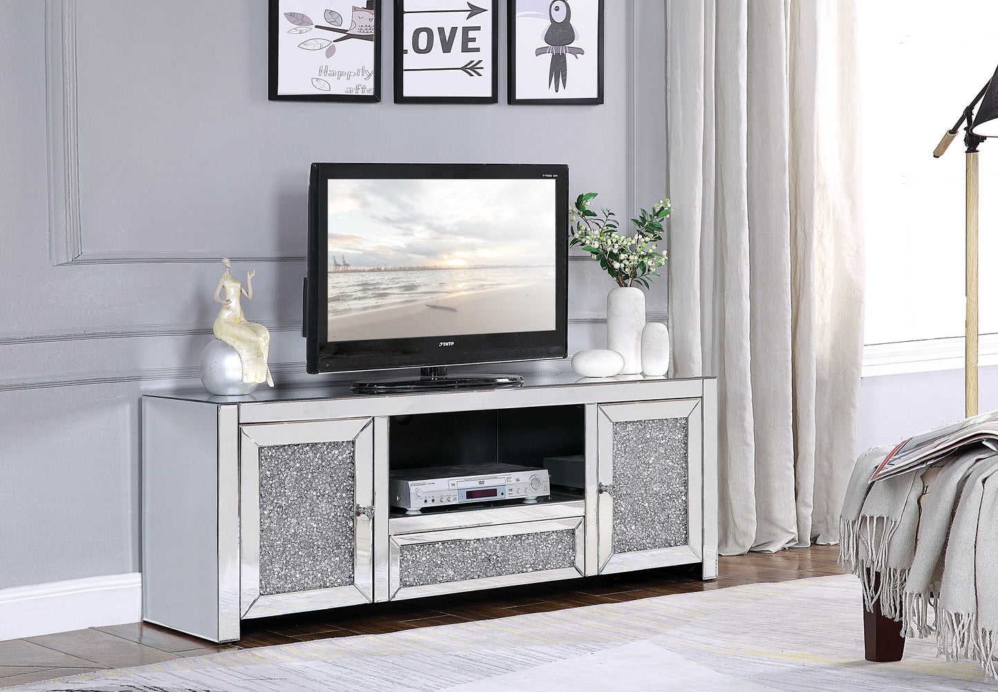 Mirrored Faux Diamonds TV Stand - Assembled, Silver Finish