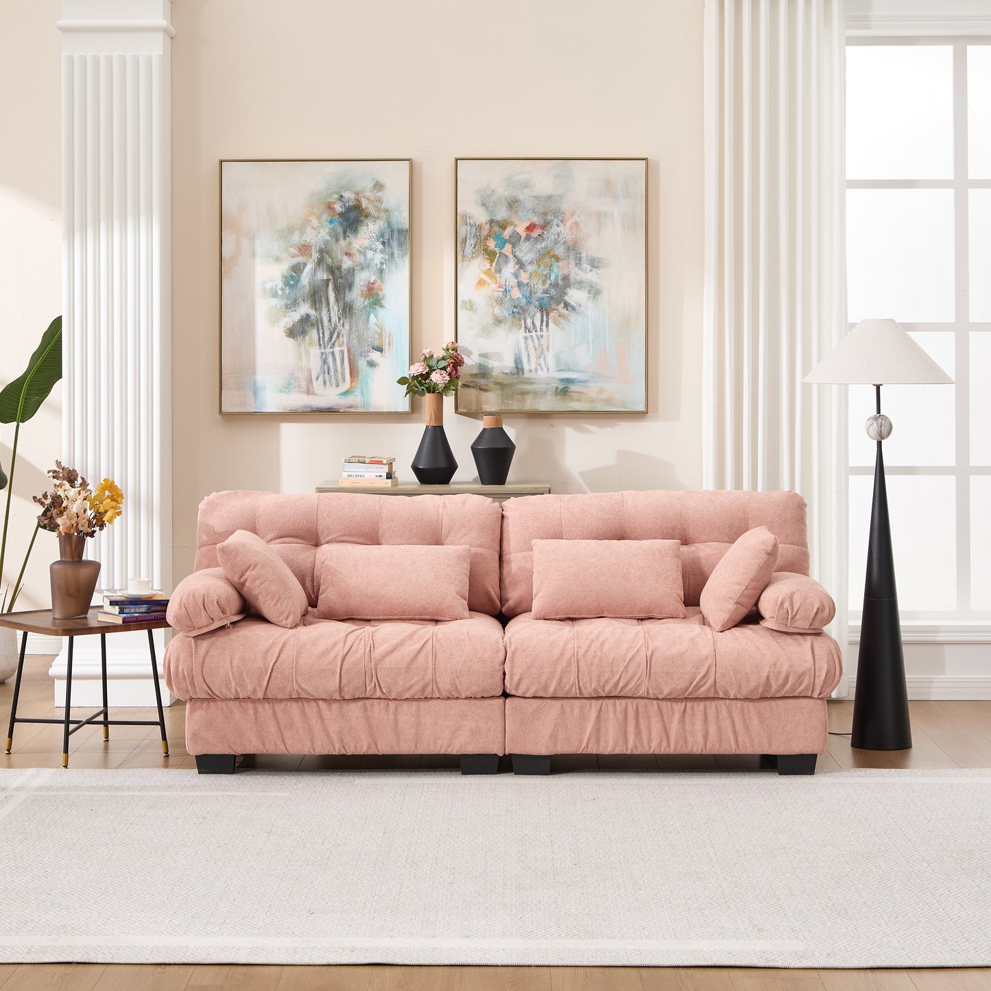 Modular Sectional Sofa - Pink Flannelette Couch with Pillows