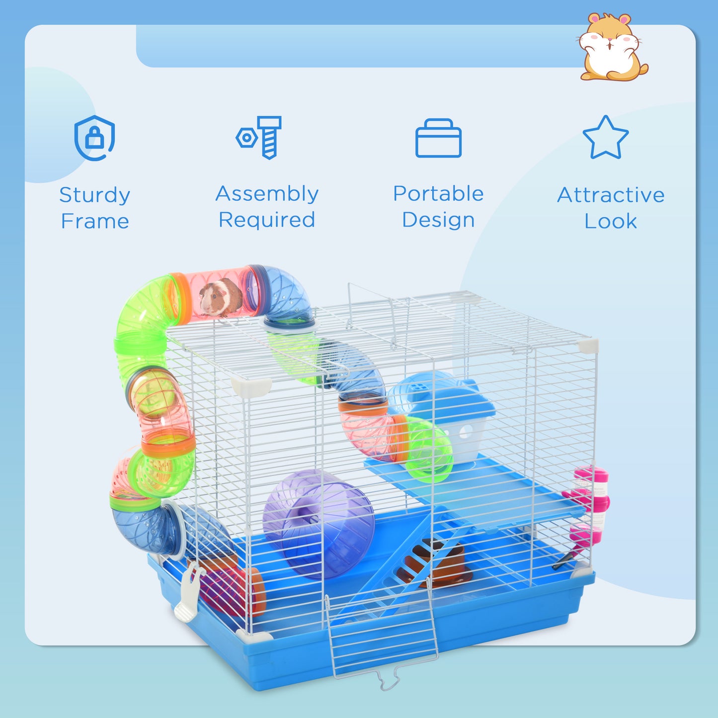 Multi-Level Small Animal Hamster Cage with Exercise Wheel Water Bottle & Play Tubes