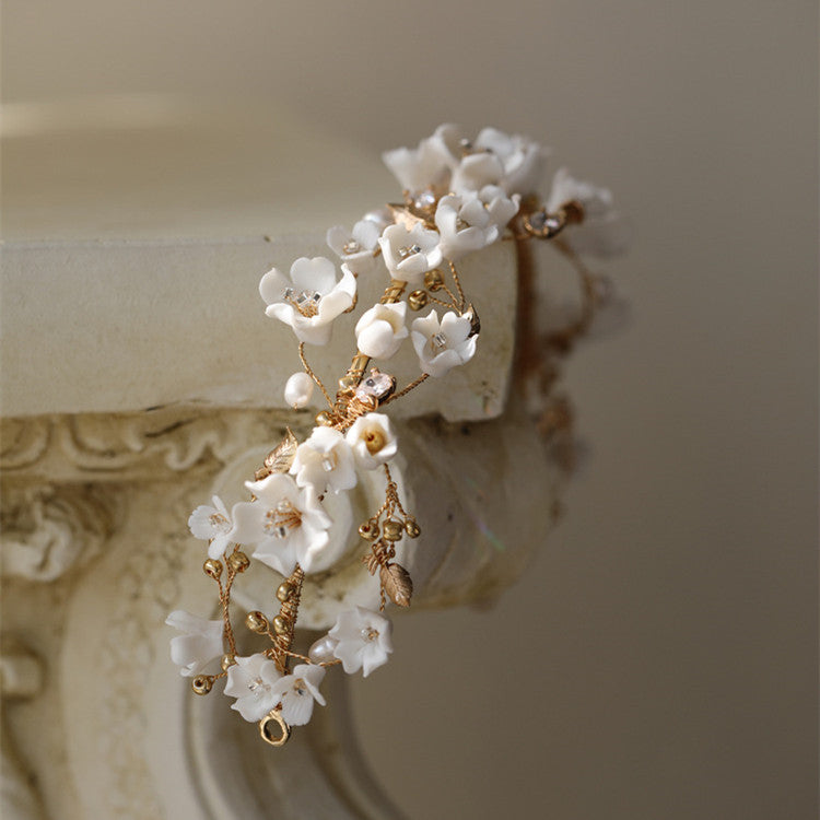 Ceramic Cherry Blossom Pearl Hair Hoop - Bridal Hair Accessory