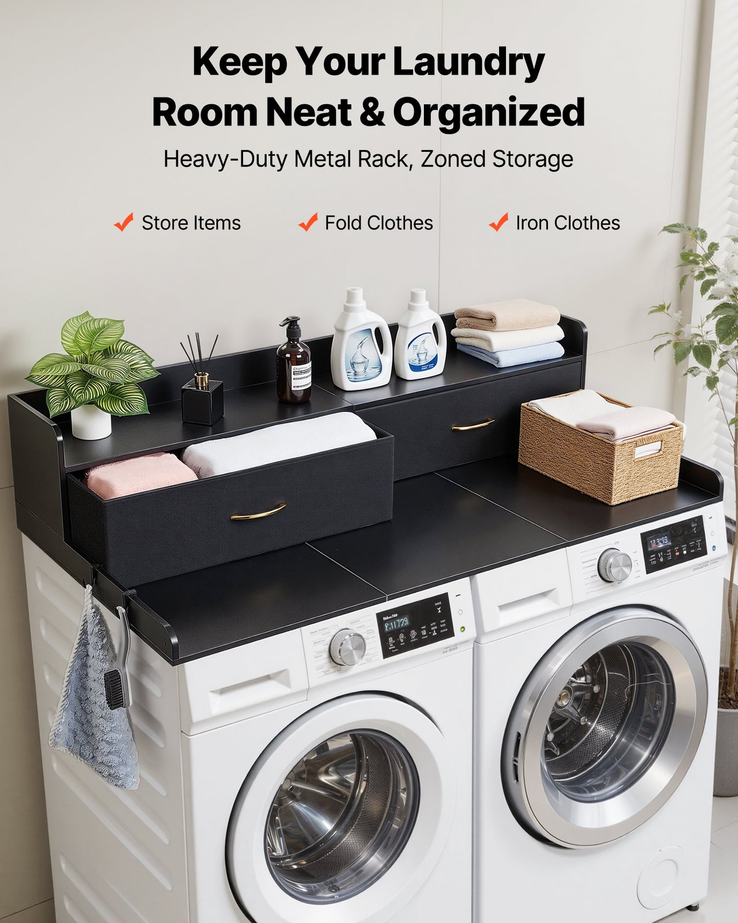 Wooden Washer Dryer Countertop with Shelf, 54x27.5 in - Black Laundry Storage