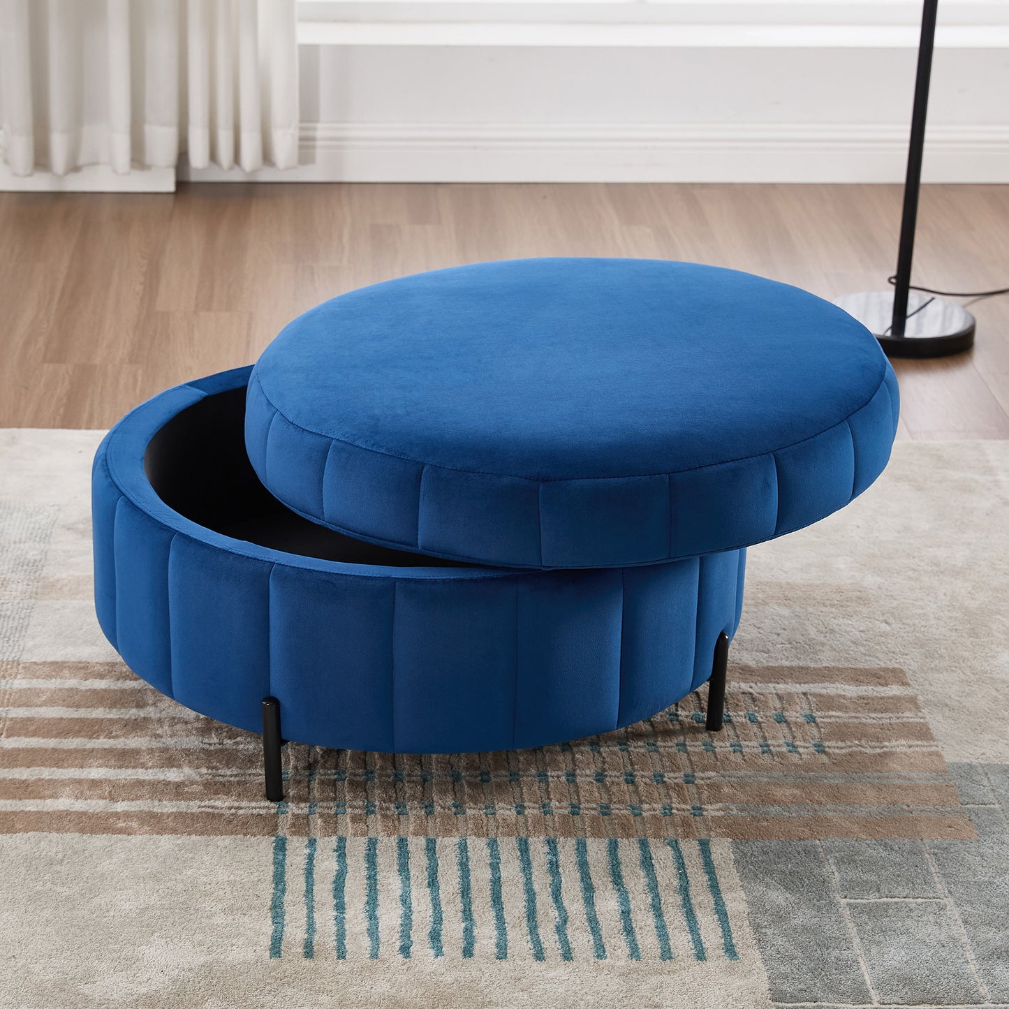 Upholstered Round Ottoman with Reversible Lid - Navy Velvet Storage Stool