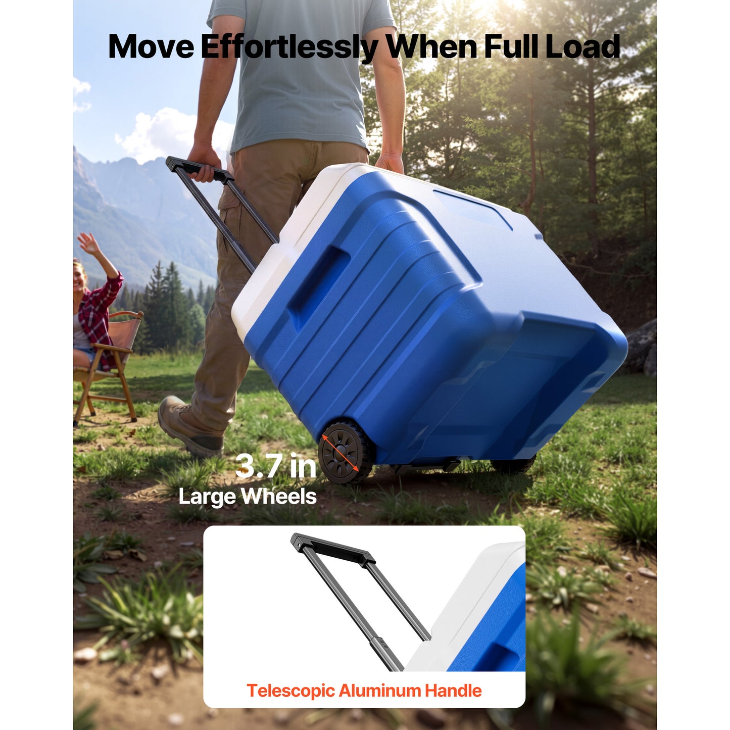 45QT Portable Rolling Cooler with Wheels - Insulated Leak-Resistant Ice Chest for Outdoor Picnics & Camping