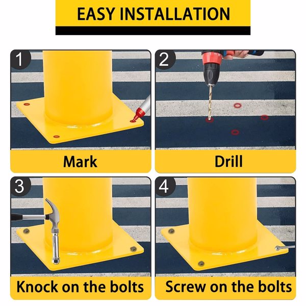 36 Inch Steel Parking Bollard Post - Impact-Resistant Safety Barrier, Yellow Powder Coated, Easy Install