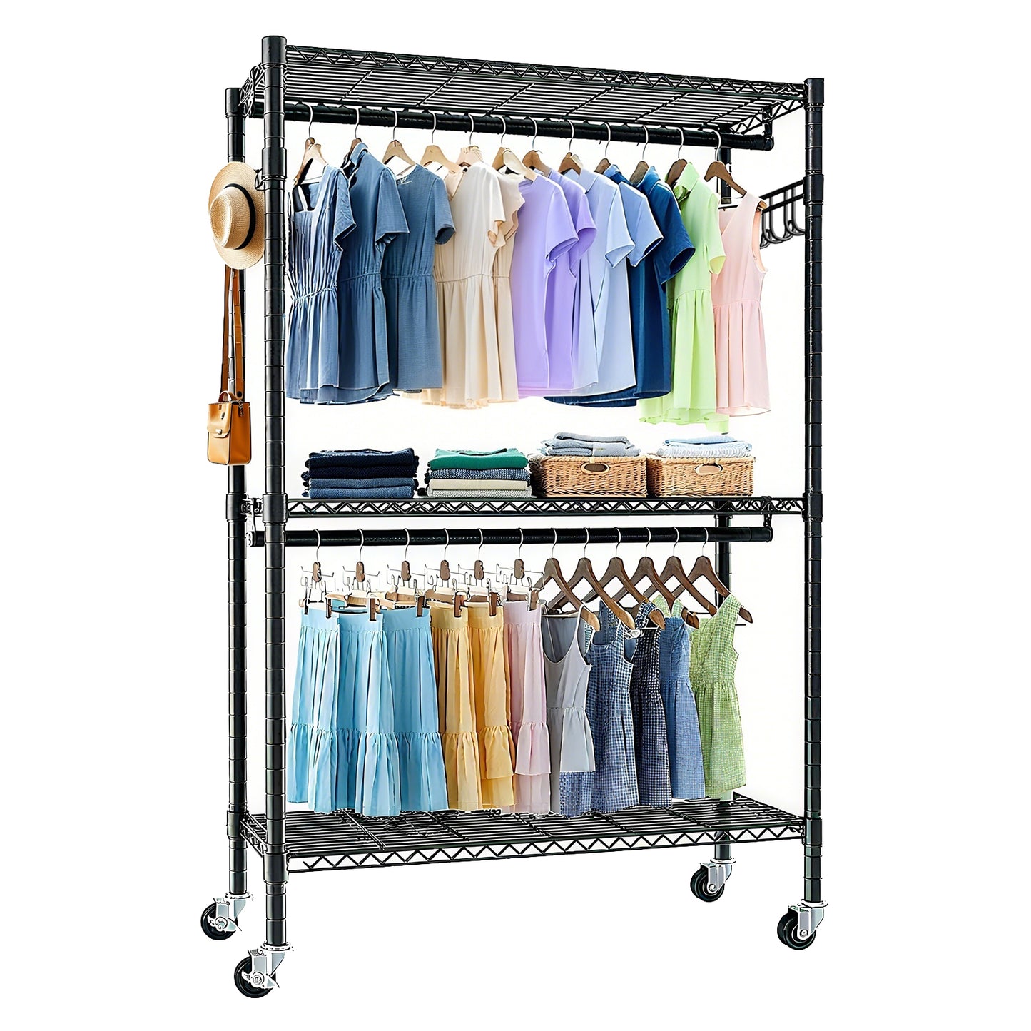Rolling Clothes Rack, Heavy Duty Rack With Wheels, 3 Tiers Adjustable