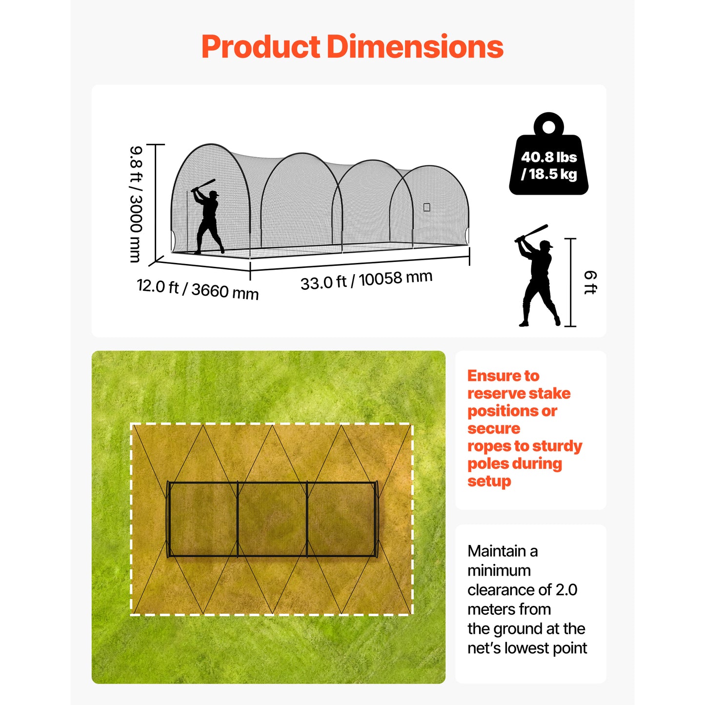 Portable Baseball Batting Cage 33x12x9.8 FT with Netting & Pitching Machine Opening