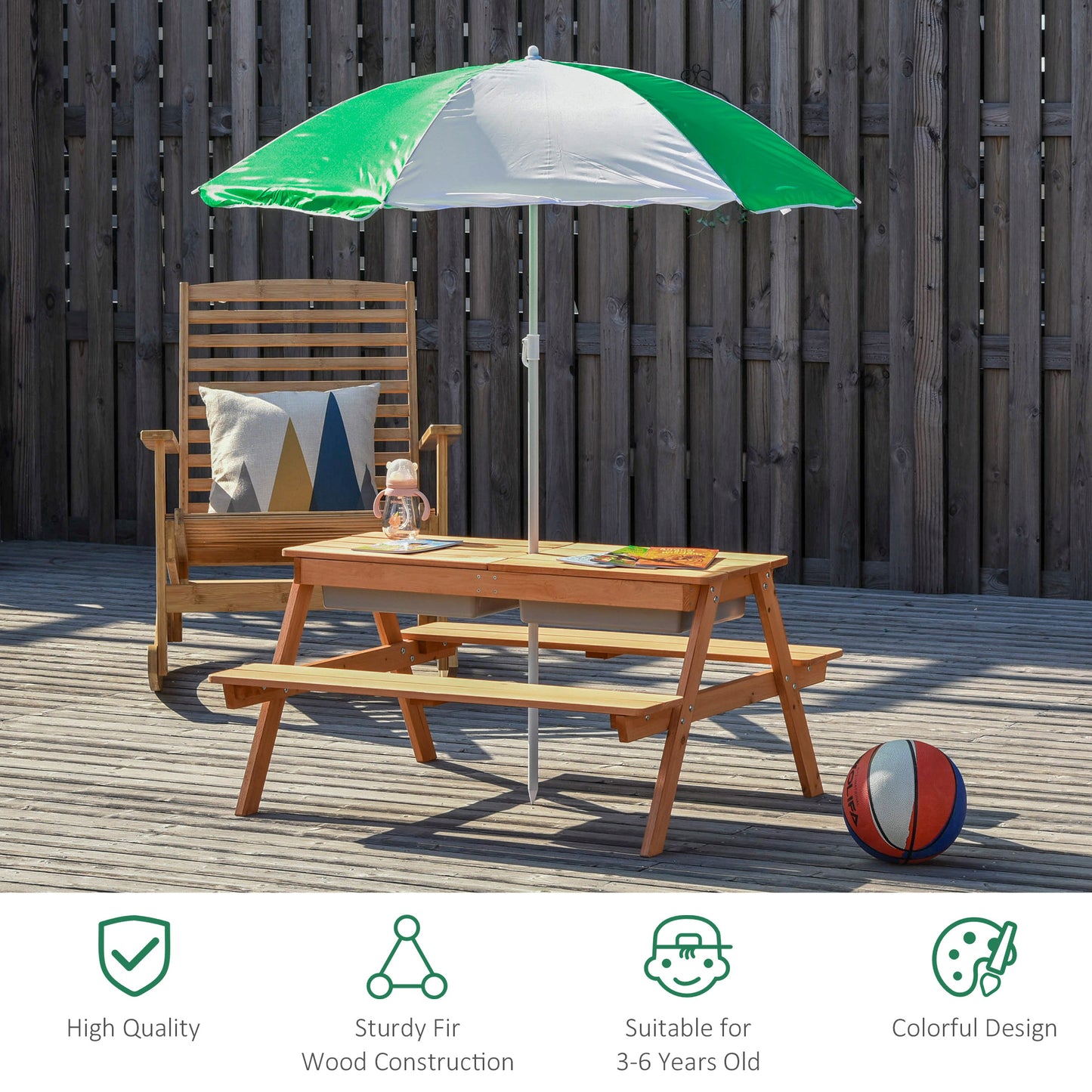 Kids 3-in-1 Wooden Sand and Water Table with Umbrella - Natural