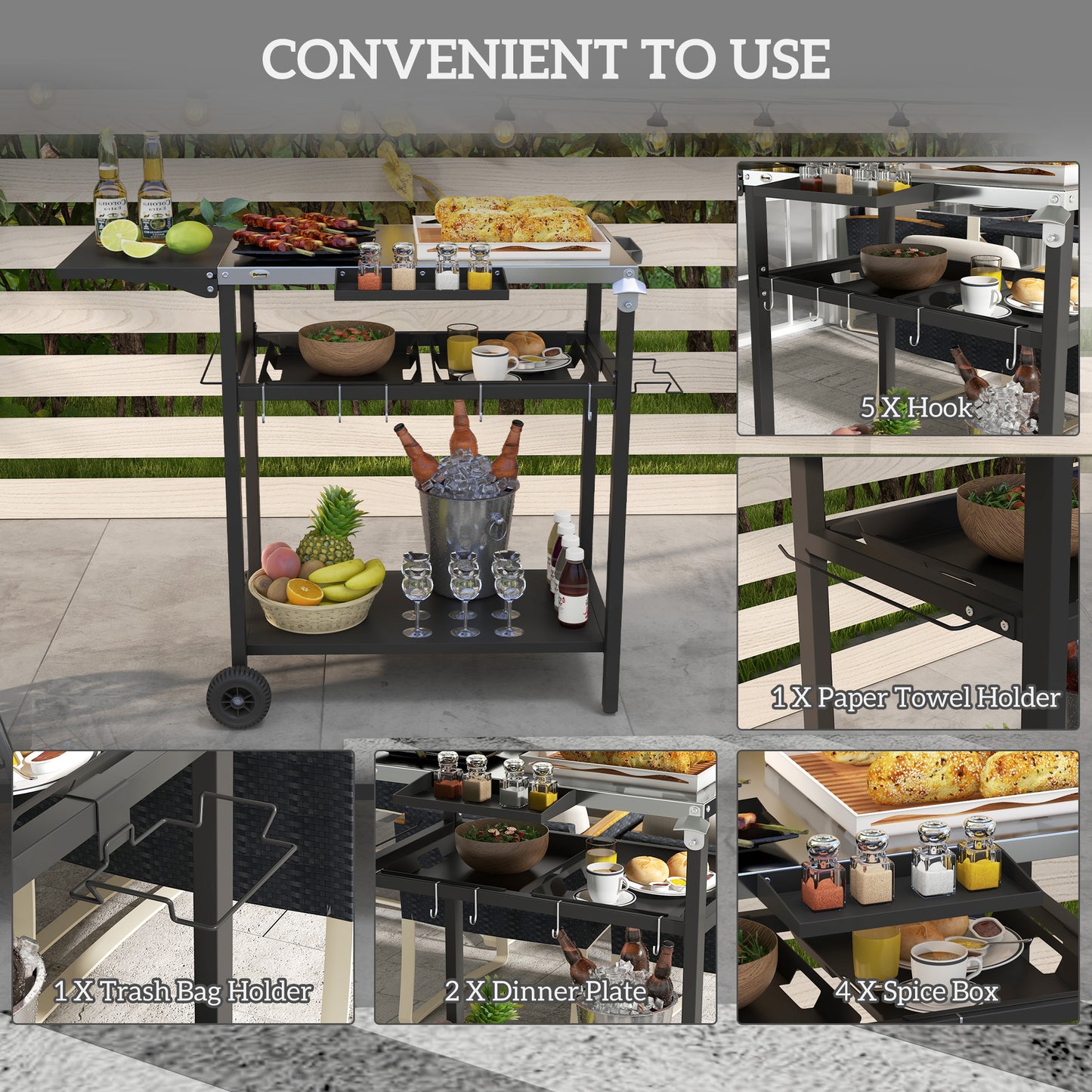 2-Tier Outdoor Bar Cart with Stainless Steel Top - Black