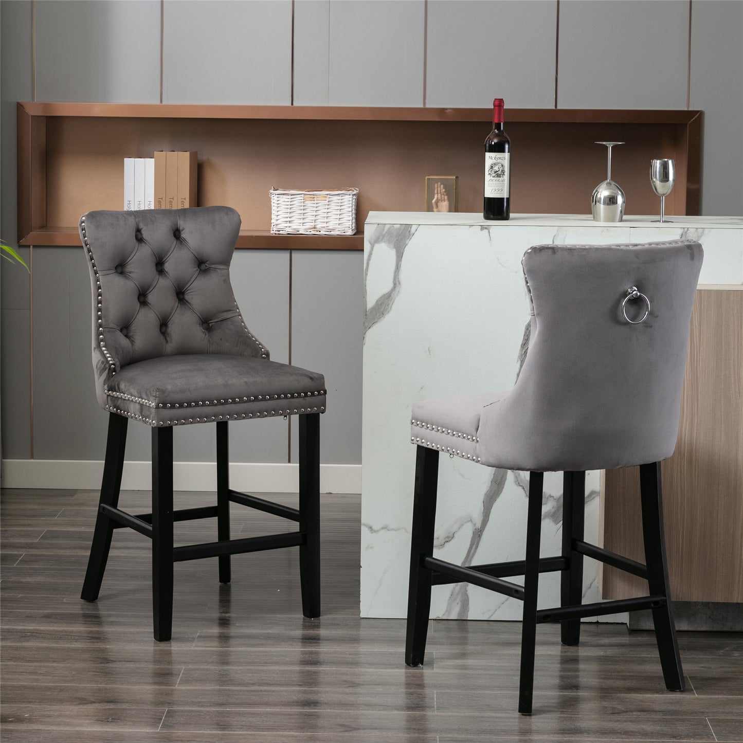 Contemporary Velvet Bar Stools Set of 2 - Gray