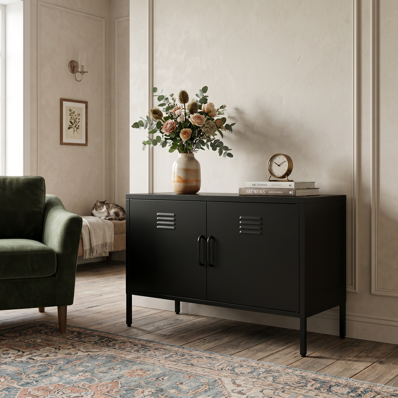 Black 2-Door Metal Storage Cabinet with Adjustable Legs