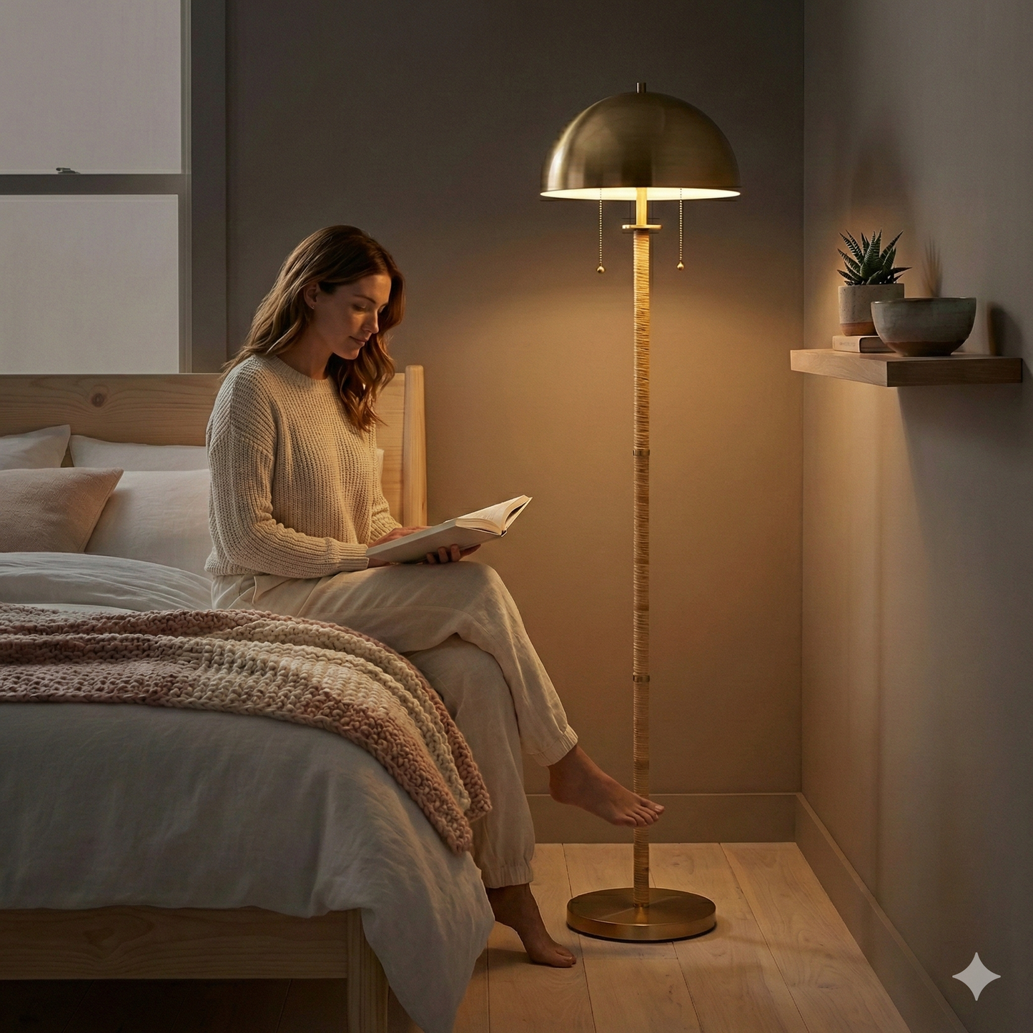 Allure 2-Light Floor Lamp, Gold Brass, Natural Rattan Details ,