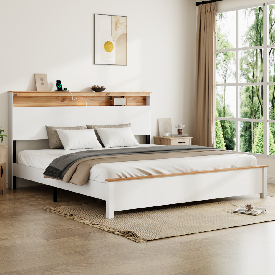 King Farmhouse Wood Bed Frame with Storage Headboard & USB Charging