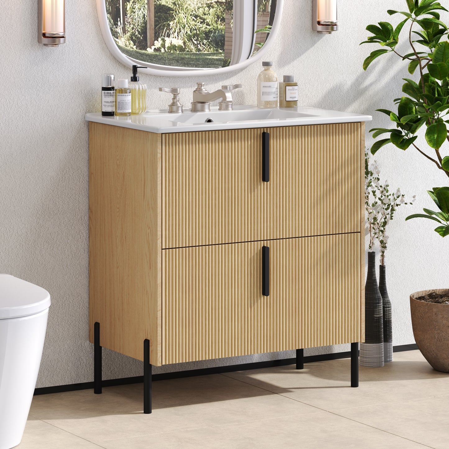 30" Bathroom Vanity with Ceramic Sink & Full-Extension Drawers - Natural