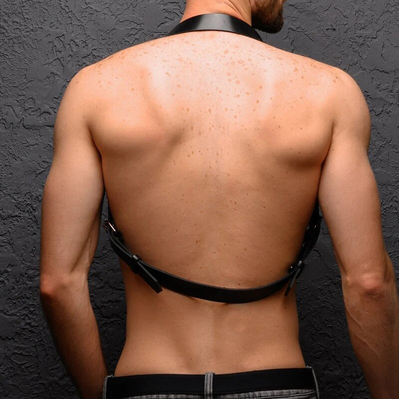 Men's Leather Chain Belt with Chest Strap - Punk Style Black Leather Accessory