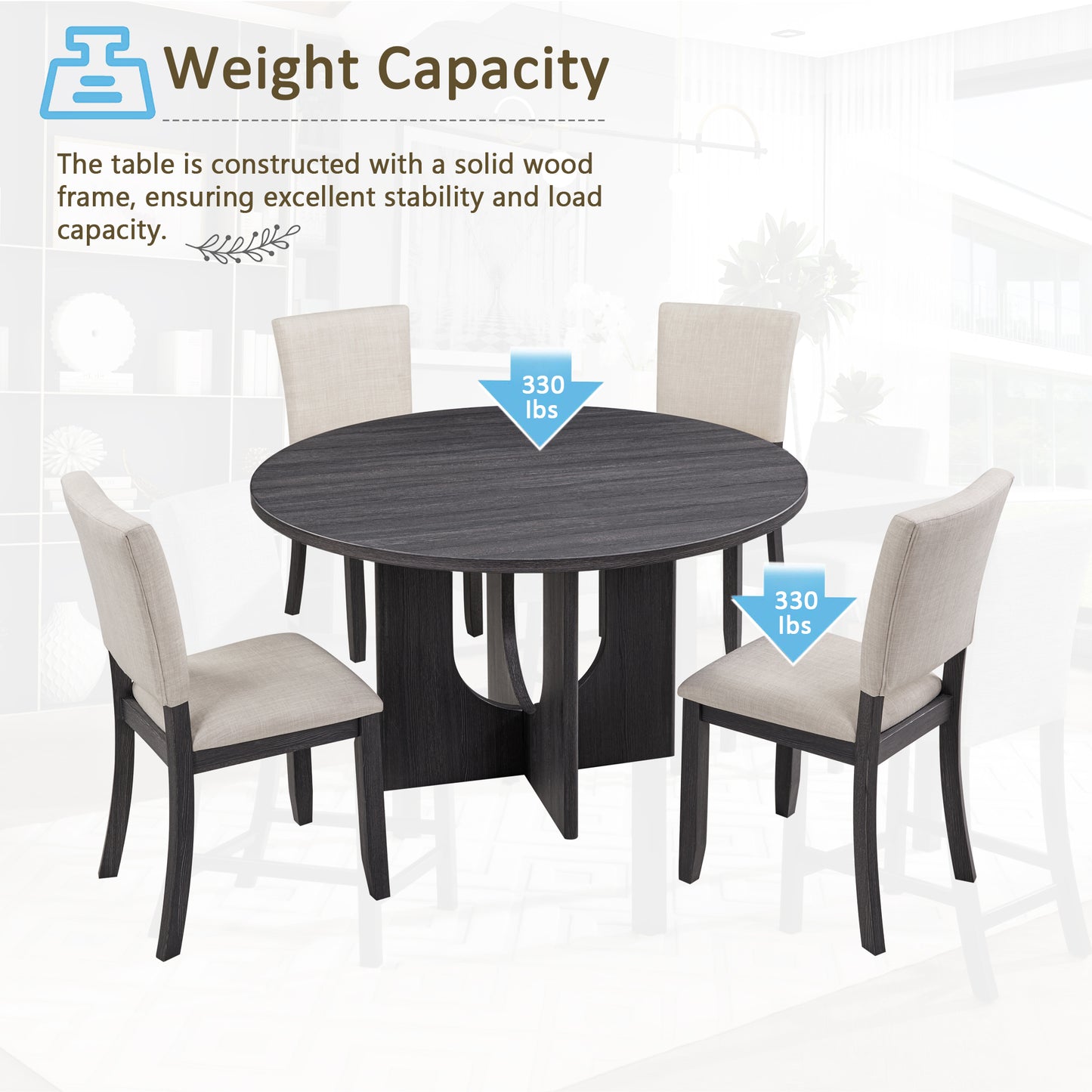 47.3" Round Dining Table Set with 4 Upholstered Chairs - Antique Black & Beige