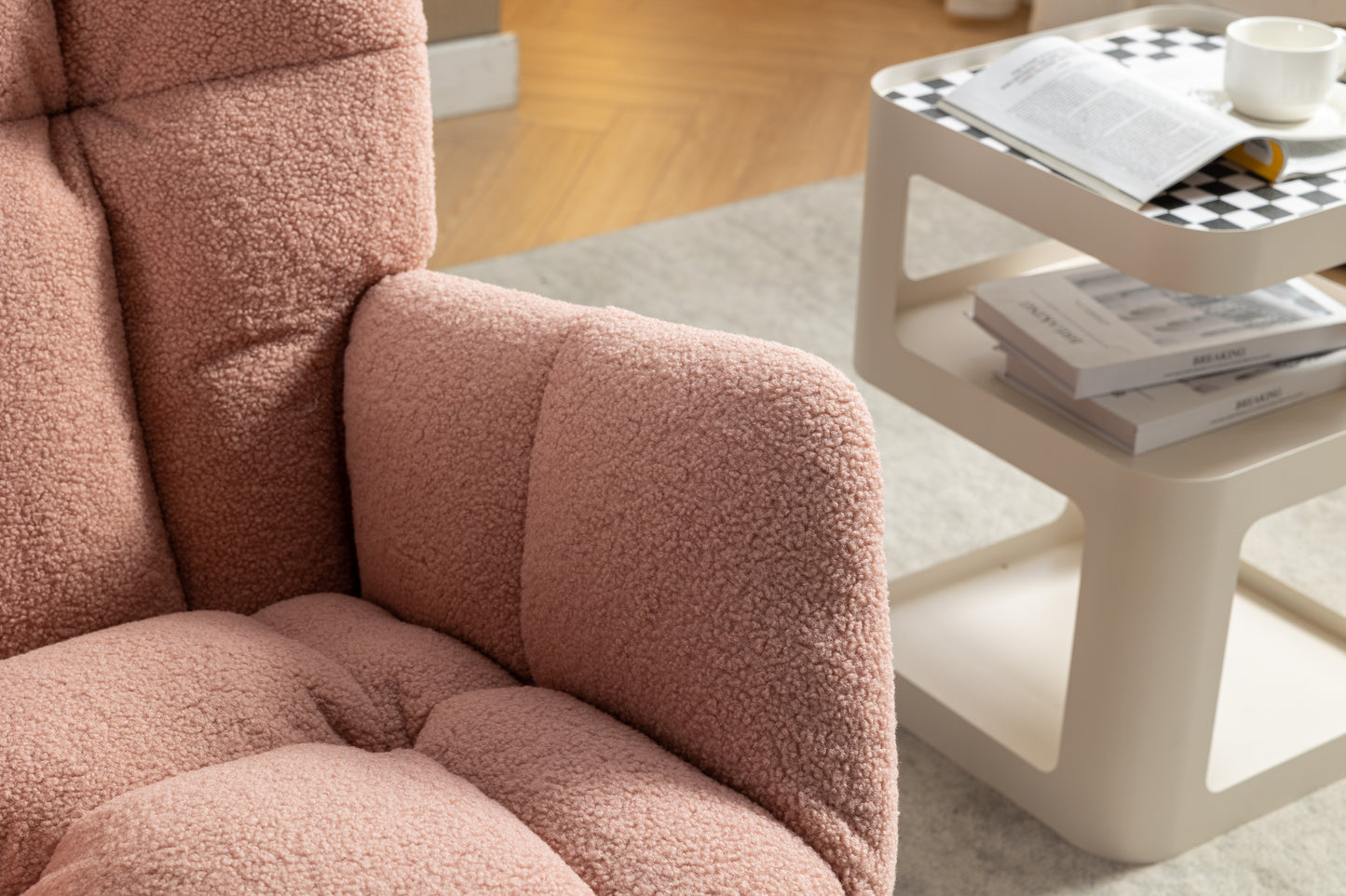 Pink Teddy Fabric Rocking Chair with Adjustable Footstool