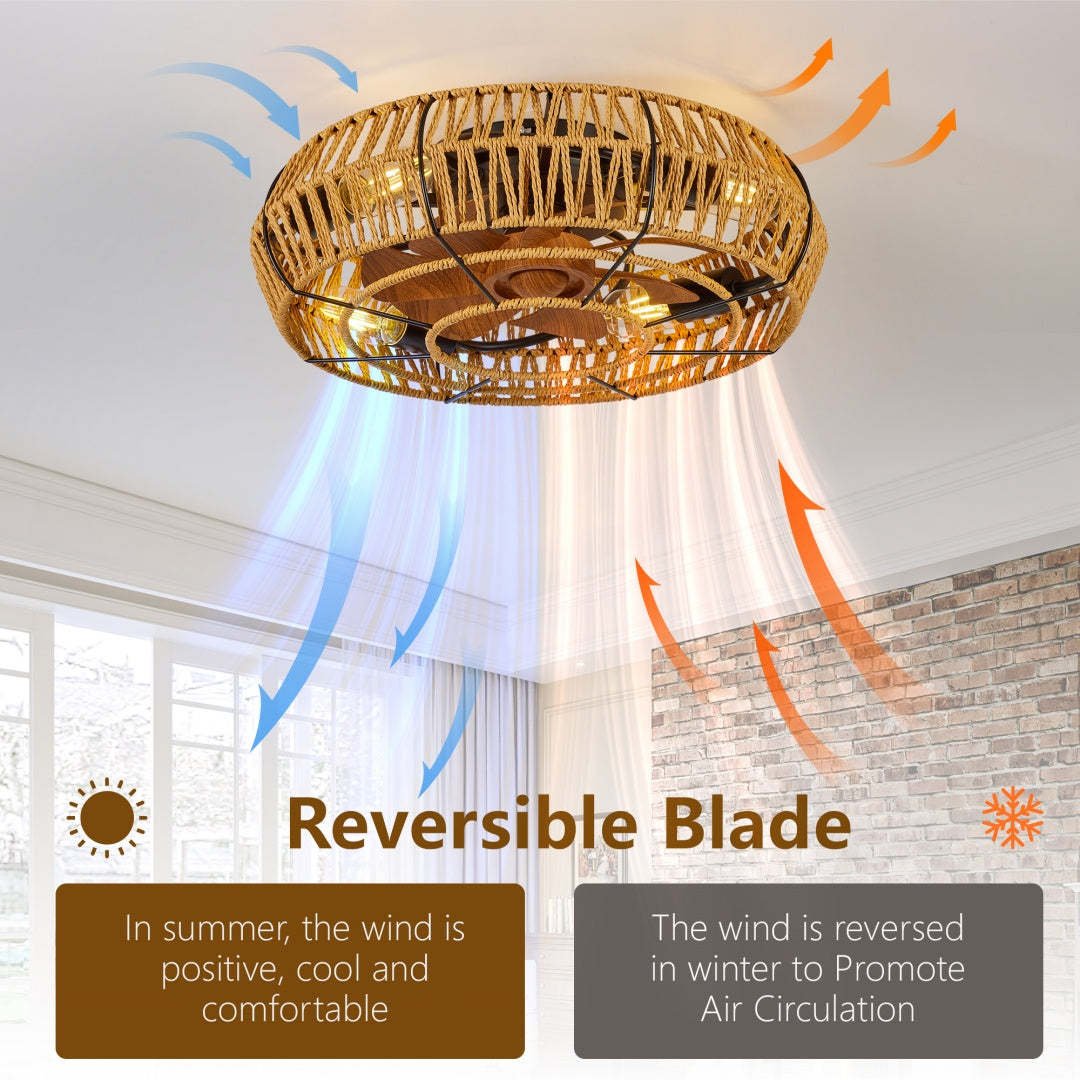 19-Inch Caged Ceiling Fan with Lights & Remote, Reversible Low Profile Flush Mount