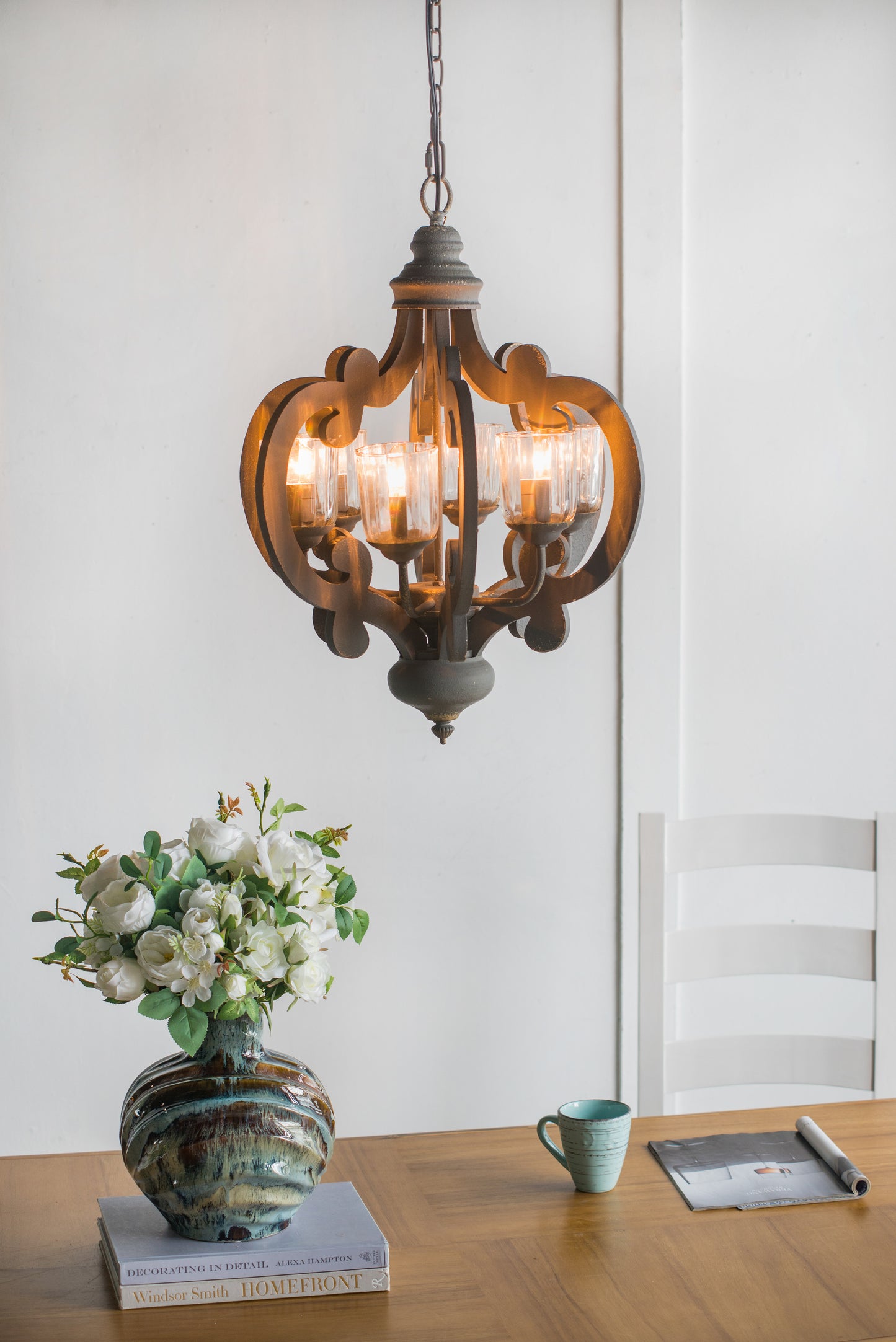 Farmhouse Chandelier, 6-Light Wood Chandelier Pendant Light Fixture