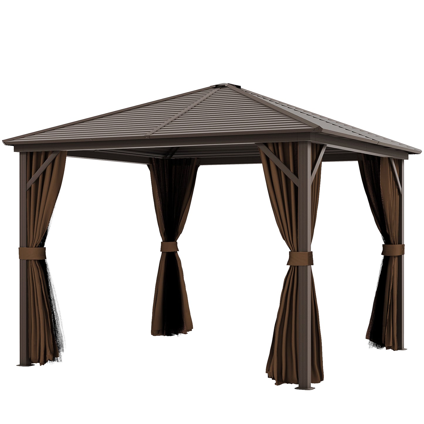 10x10 Aluminum Hardtop Gazebo Canopy with Curtains & Hook - Brown