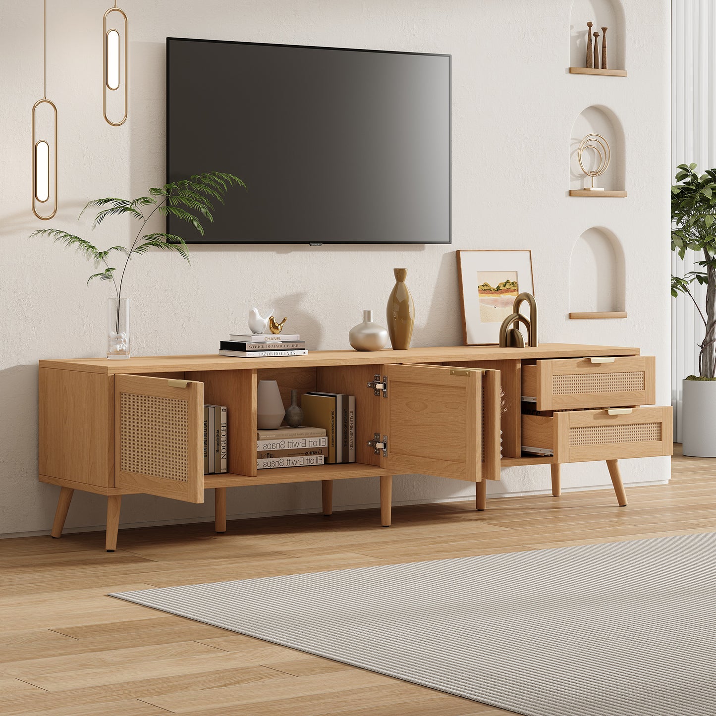 70-Inch Modern TV Stand with Rattan Doors & Storage - Natural Wood