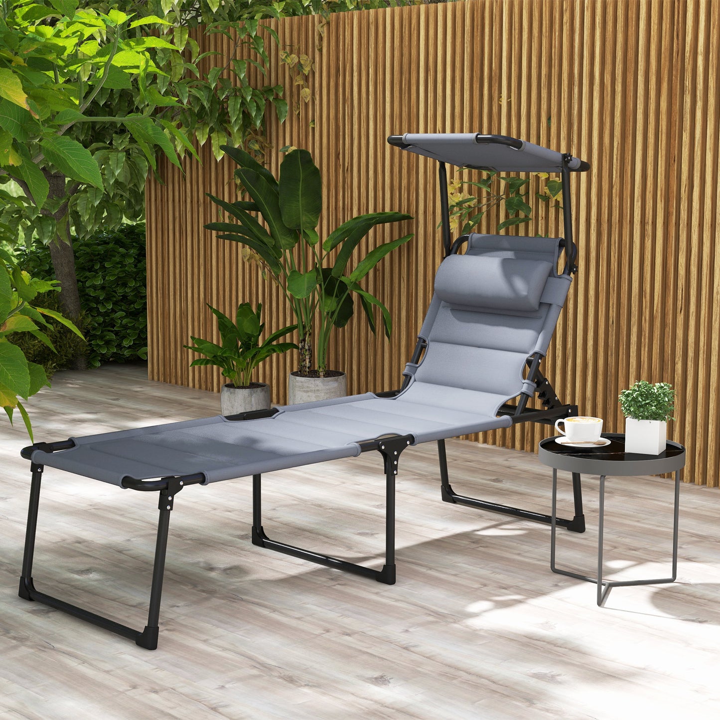 Adjustable Folding Lounge Chair with Sunshade - Gray