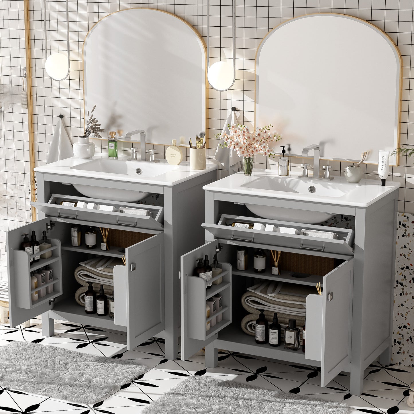 60" Modern Gray Bathroom Vanity Set with Double Sinks & Storage
