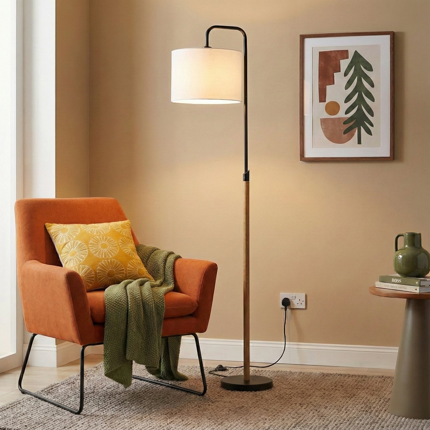 Floor Lamp With Cylinder Shade, Curved Standing Light For Living