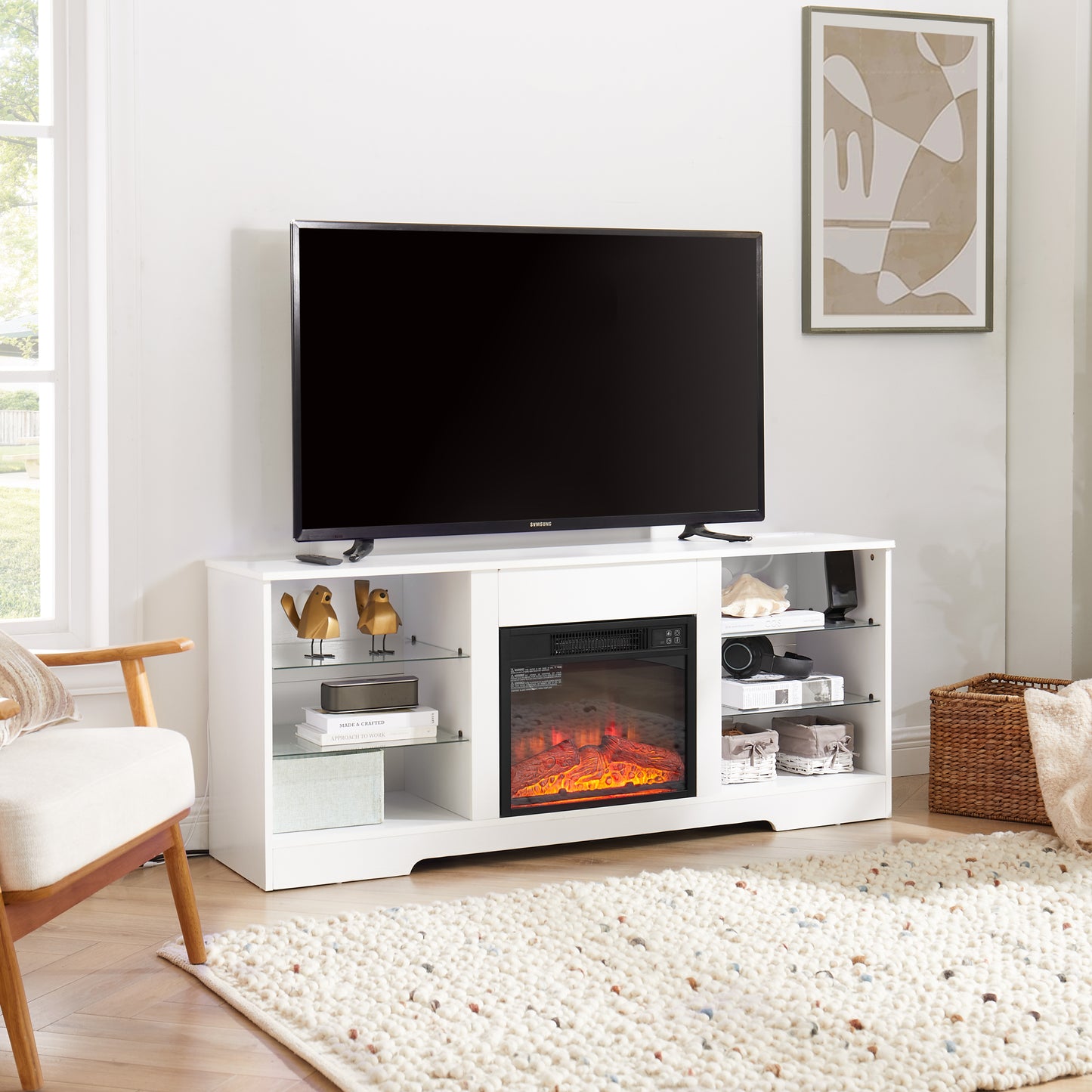 Electric Fireplace TV Stand with Glass Shelves & LED Lights - White