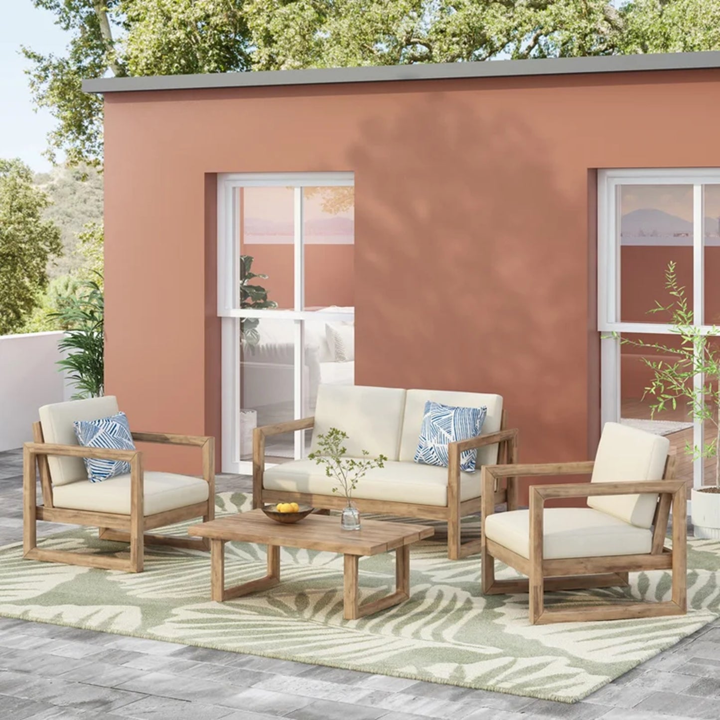 4-Pieces Acacia Wood Patio Furniture Set, Outdoor With Coffee Table,