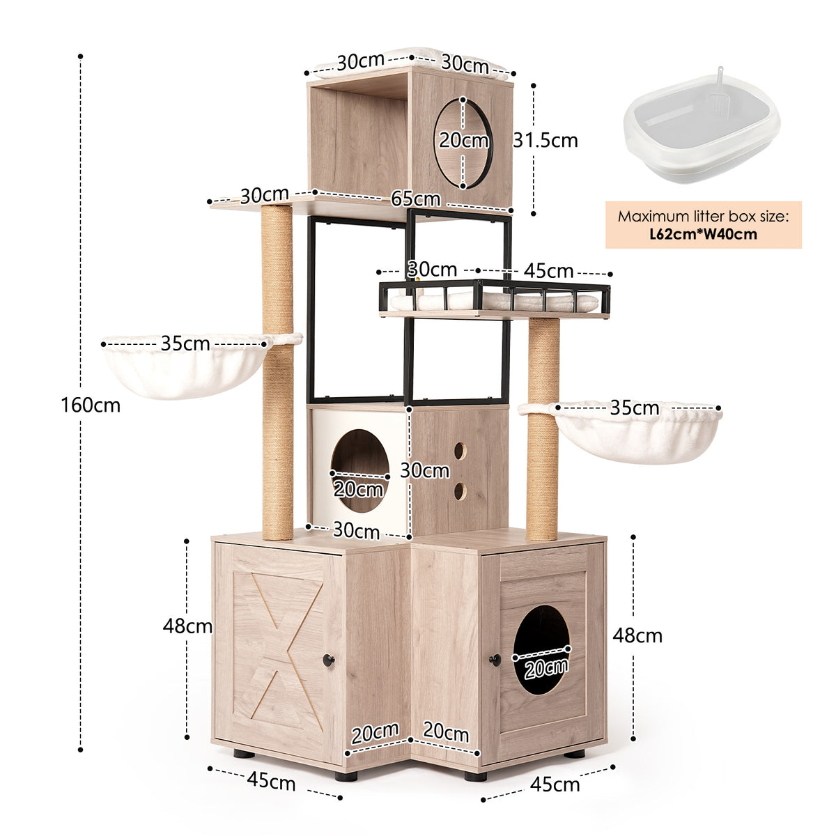 Multi-Functional Cat Tree with Litter Box, Scratching Posts & Washable Cushion - Rustic Gray