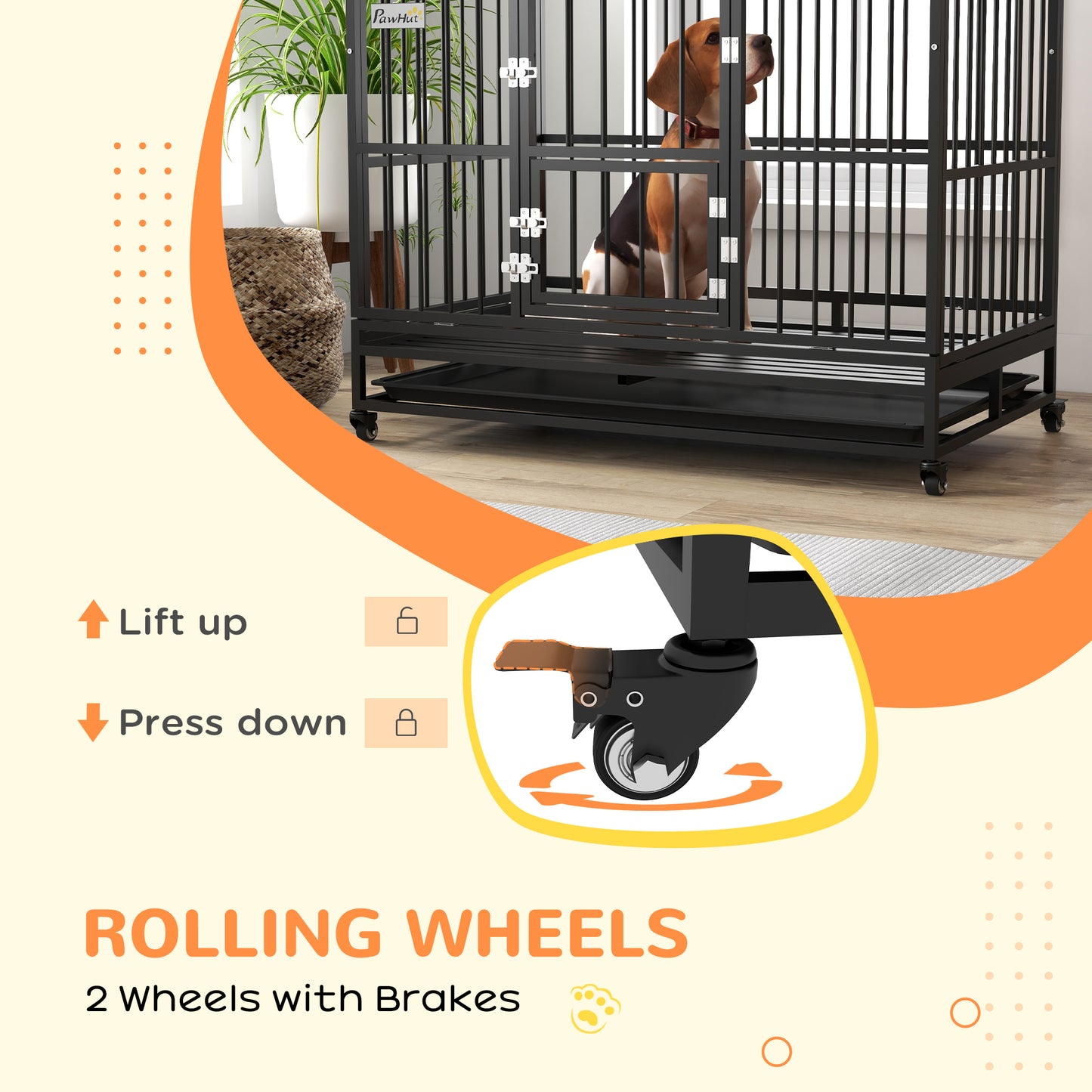 Heavy Duty Dog Crate with Lockable Wheels and Double Doors - XL, Black