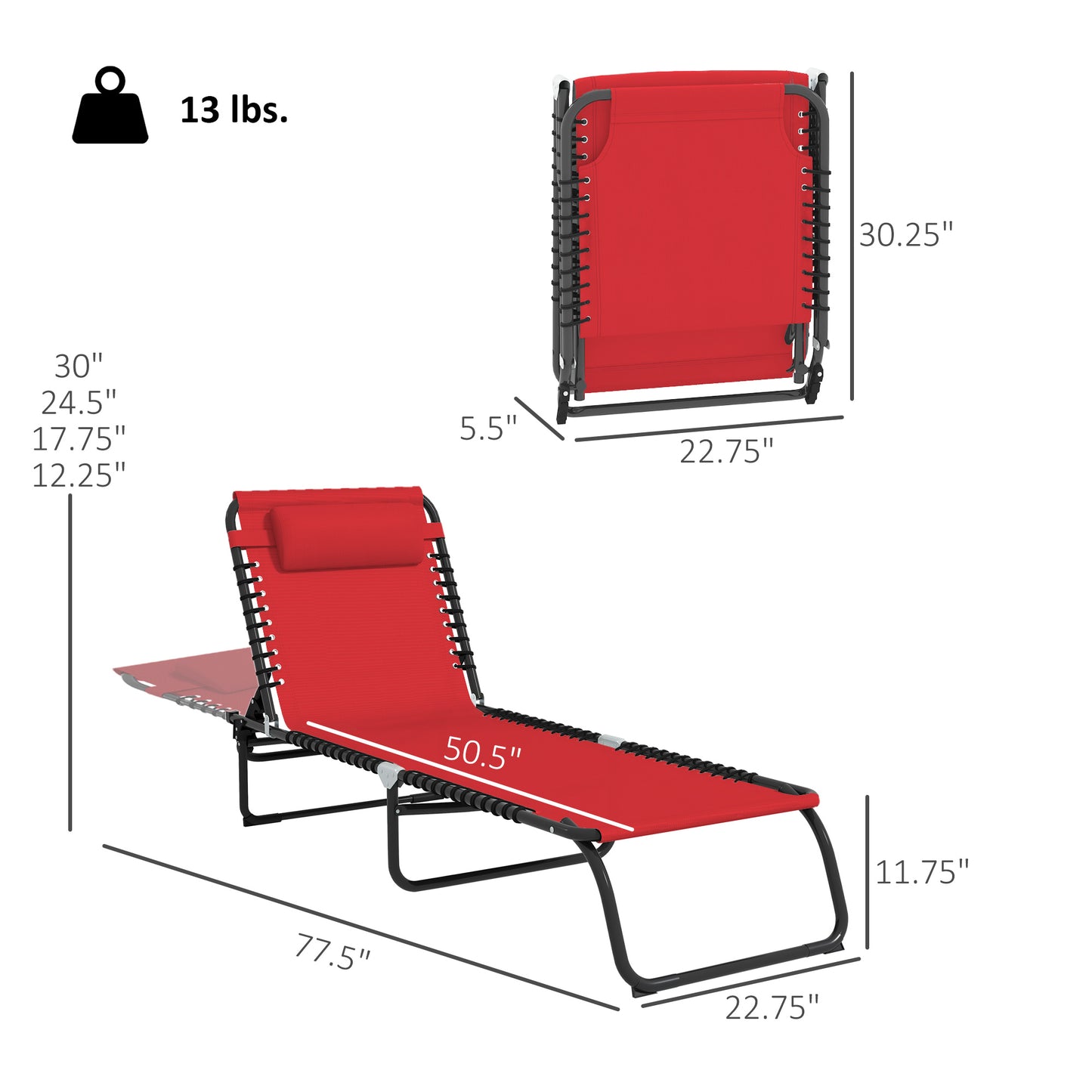 Folding Chaise Lounge Chair with 4-Position Recline & Pillow - Wine Red