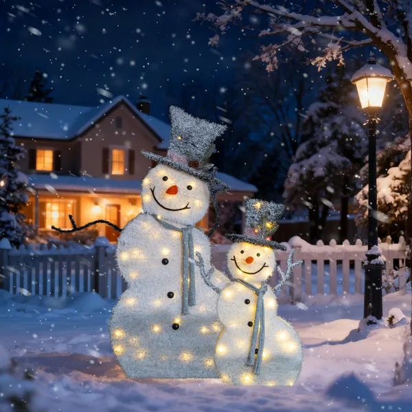 Lighted Snowman Christmas Decorations Set - 2 Pre-lit 2D Displays with 80 LED Lights