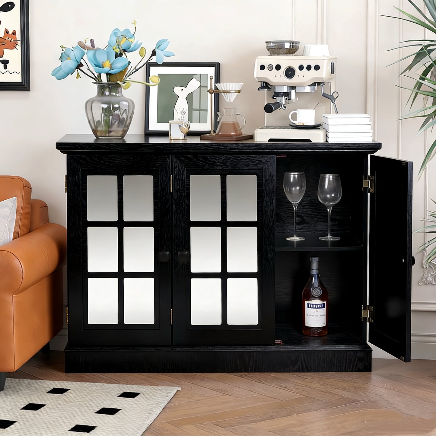 45 W Storage Cabinet With 3 Mirrored Acrylic Doors, Sideboard