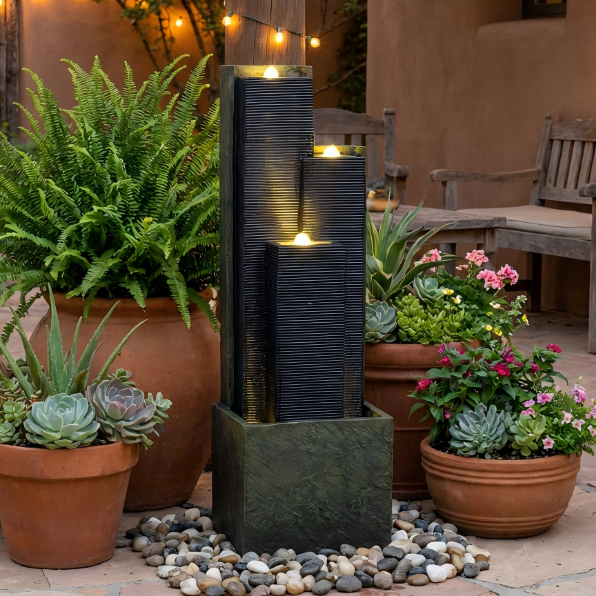 39-inch Outdoor Water Fountain with LED Lights - Garden Patio Lawn Decor