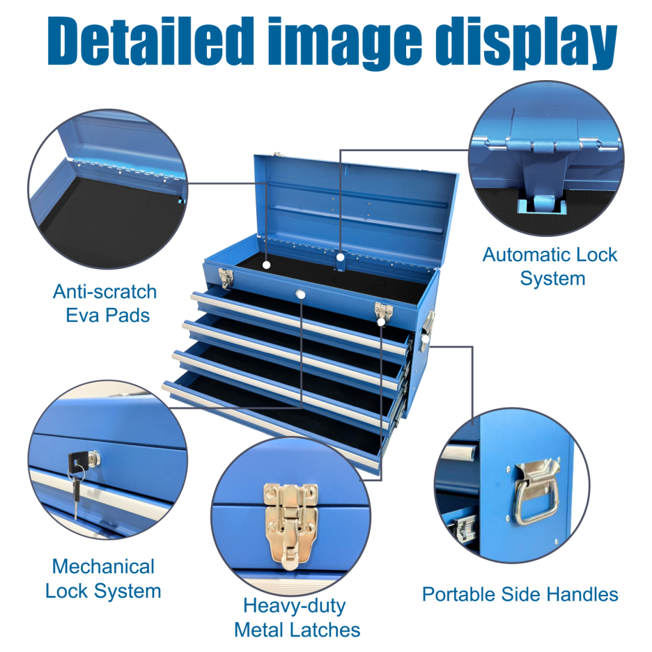 Heavy Duty Metal Tool Box with 4 Drawers - 21-inch Portable Steel Storage Chest, Locking & Powder Coated Finish, Blue