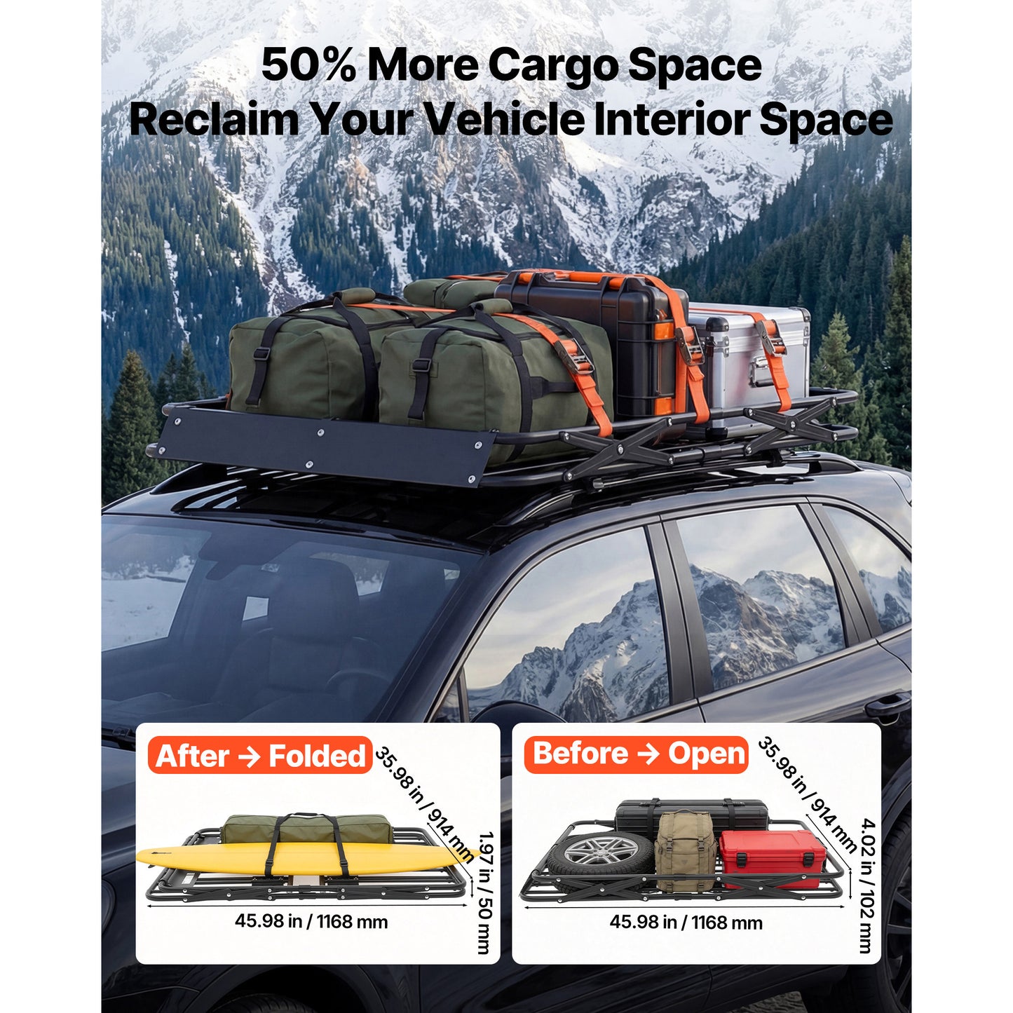 Heavy Duty Roof Rack Cargo Basket 46x36x4in All-Weather Car Top Carrier with Folding Design
