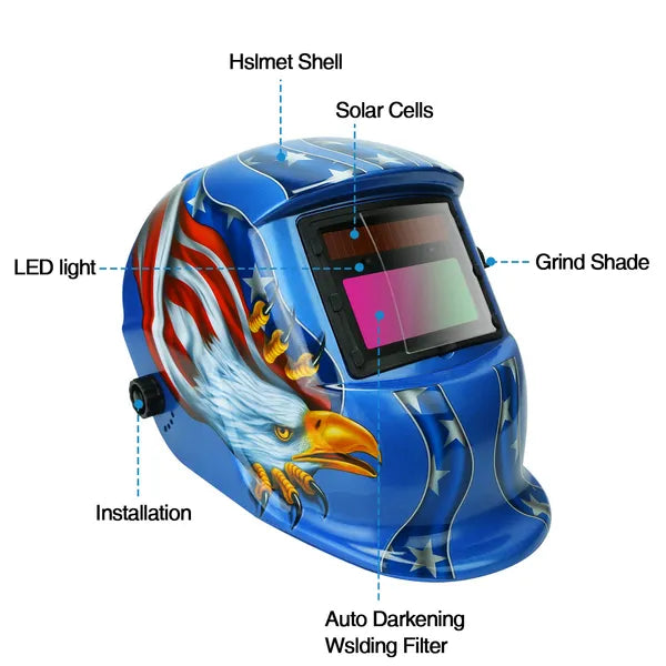Solar Powered Auto Darkening Welding Helmet with Adjustable Shade 9-13 - Blue