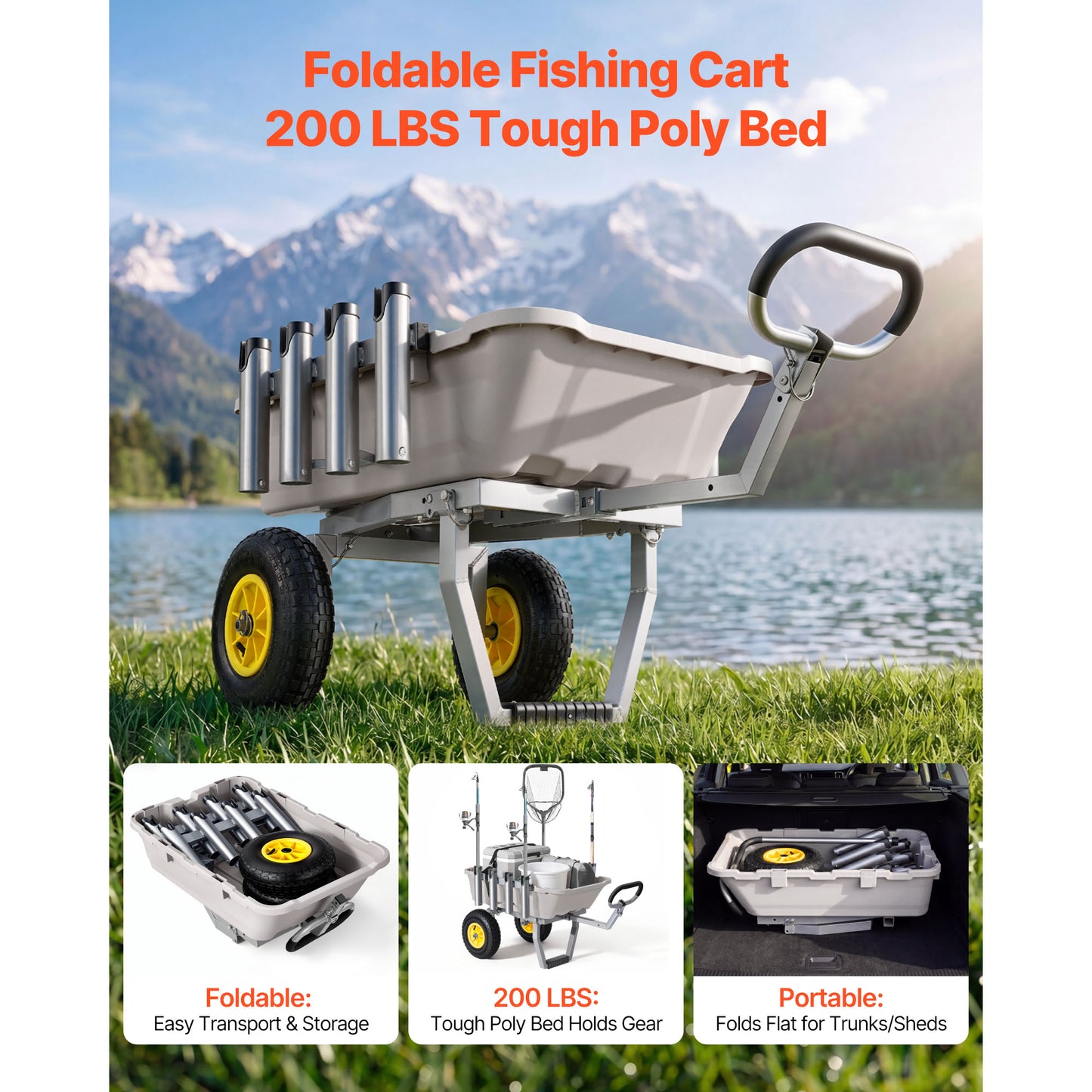 Heavy-Duty Fishing Cart with 200 Lb Capacity, All-Terrain Tires & 8 Rod Holders