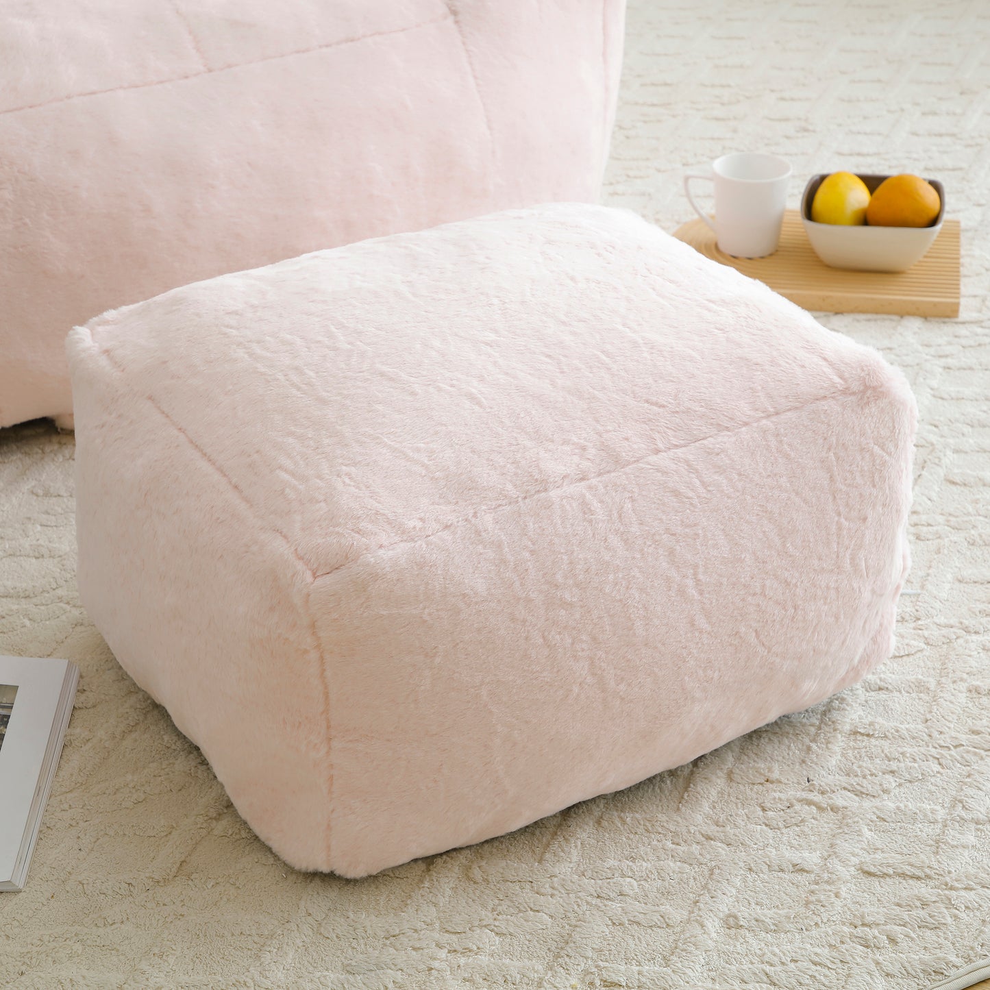 Oversized Faux Fur Bean Bag Chair with Footstool - Pink