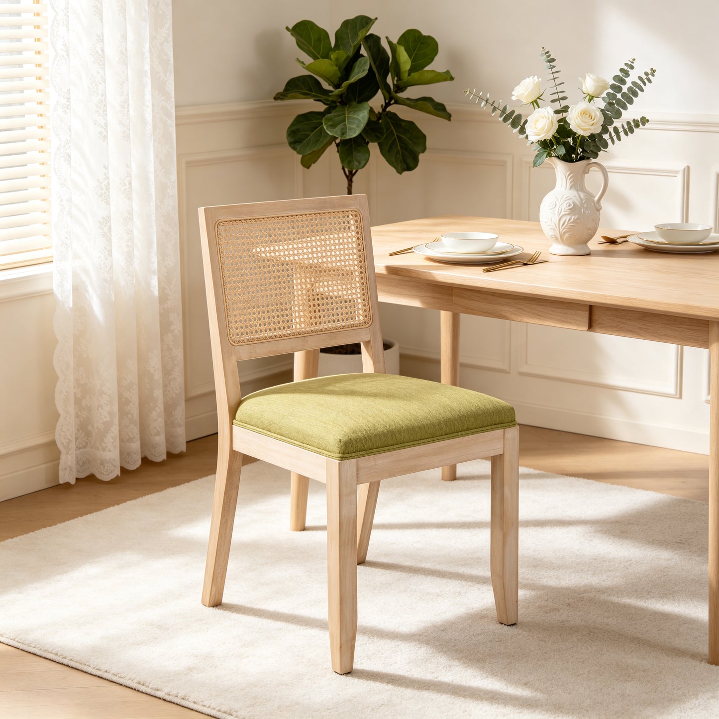 Olive Green Rattan Dining Chairs Set of 2 - Mid Century Modern