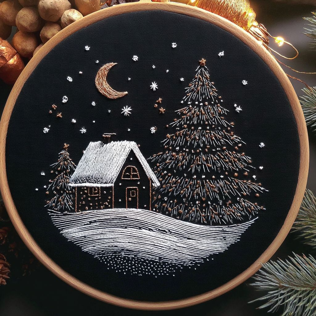 Christmas Snow House Embroidery Fabric Kit - Cotton Linen Modern Decoration