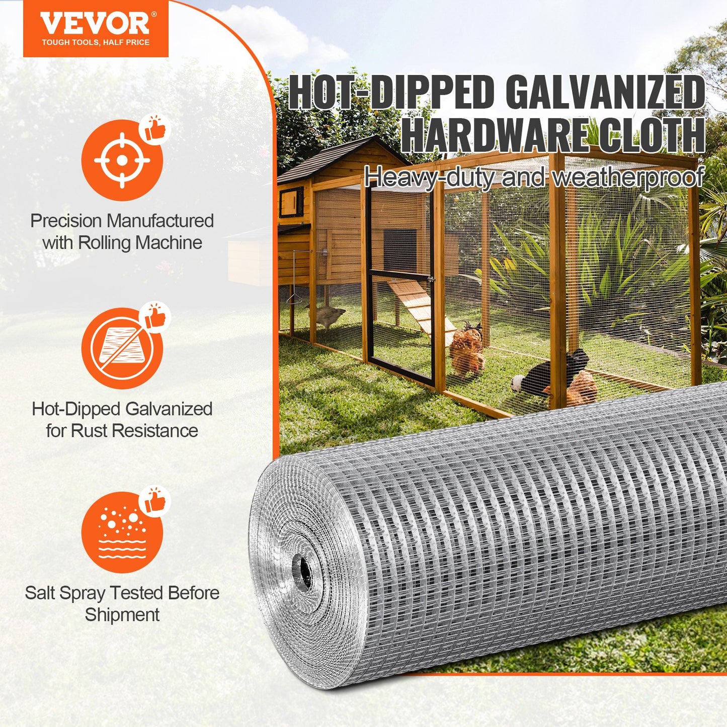 Galvanized Wire Mesh Roll 1/2-Inch Small Animal Fencing for Garden, 48in x 100ft