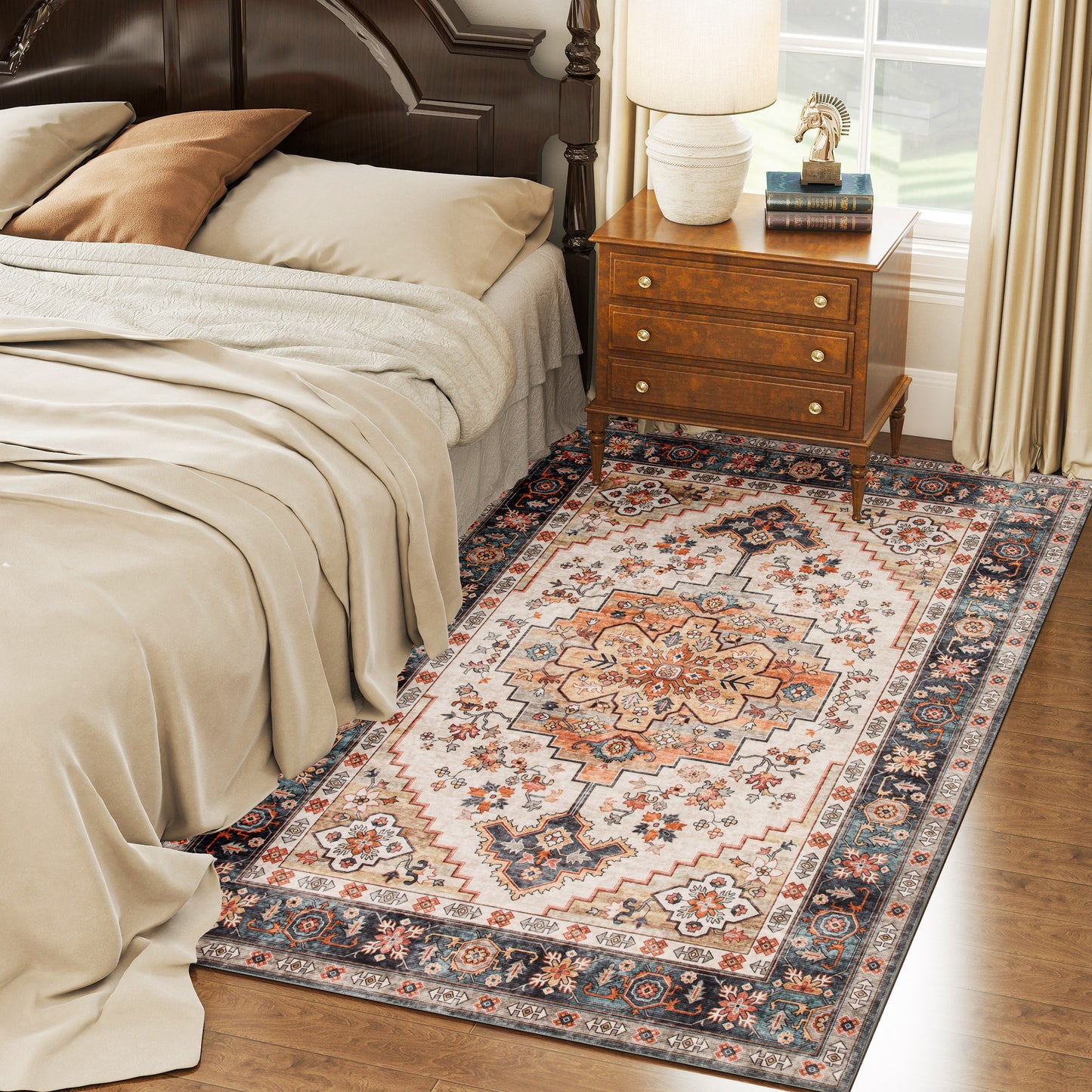 Boho Area Rug 4x6 - Machine Washable Non-Slip Design in Tawny Brown