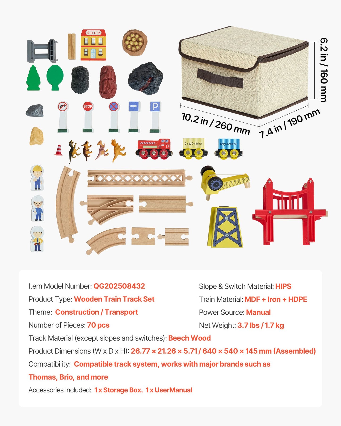 Wooden Train Set with Magnetic Crane and Accessories - Kids Construction Toy