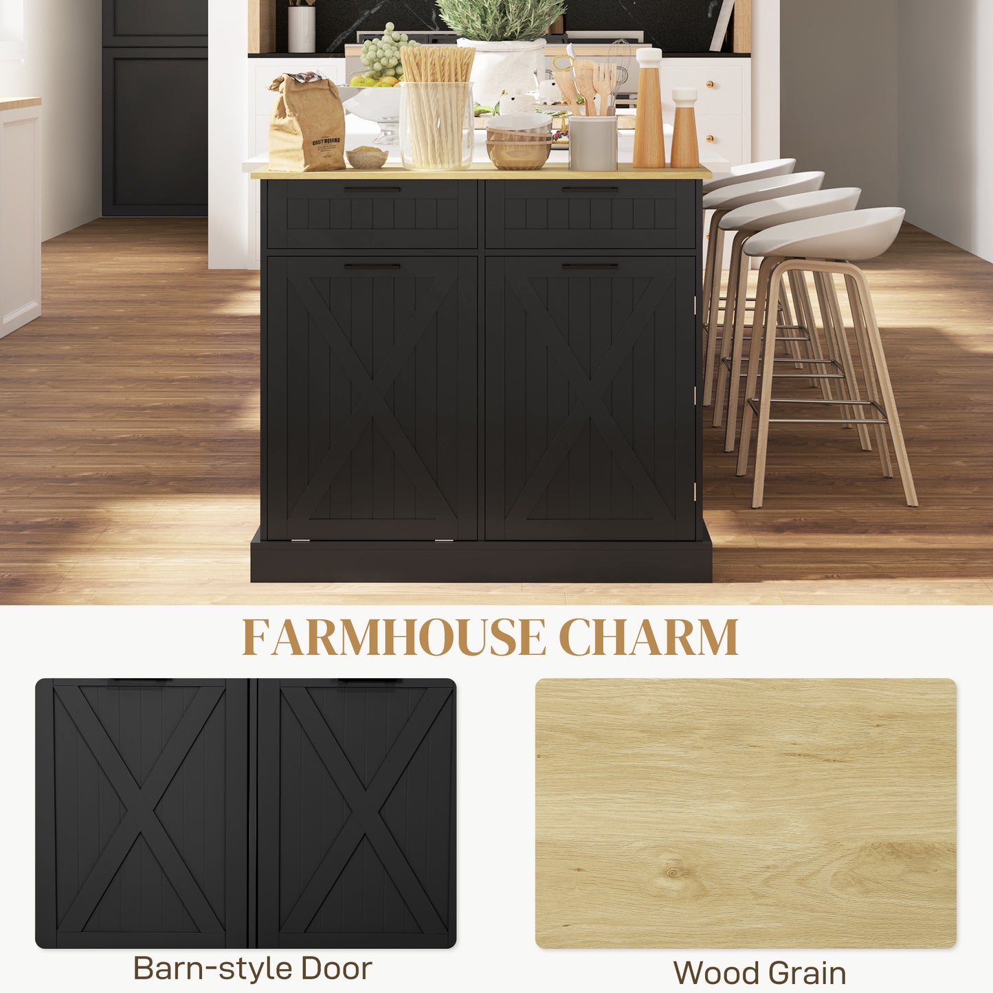 Tilt-Out Trash Can Cabinet with 2 Drawers - Black Farmhouse Style