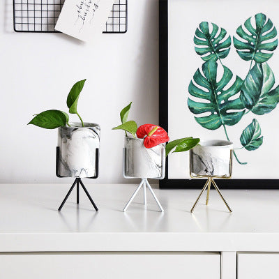 Gold-Plated Iron Frame Succulent Flower Pot with Marbling Ceramic Planter - Multiple Sizes