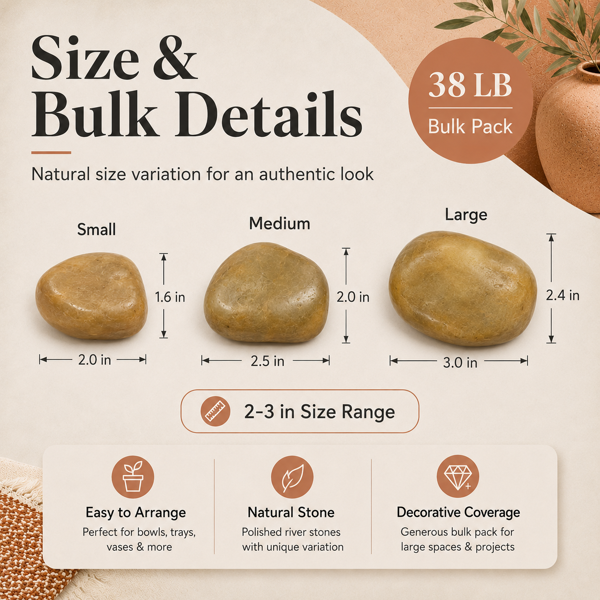 38 Lbs Khaki River Rocks - 2-3 Inch Polished Pebbles for Decor