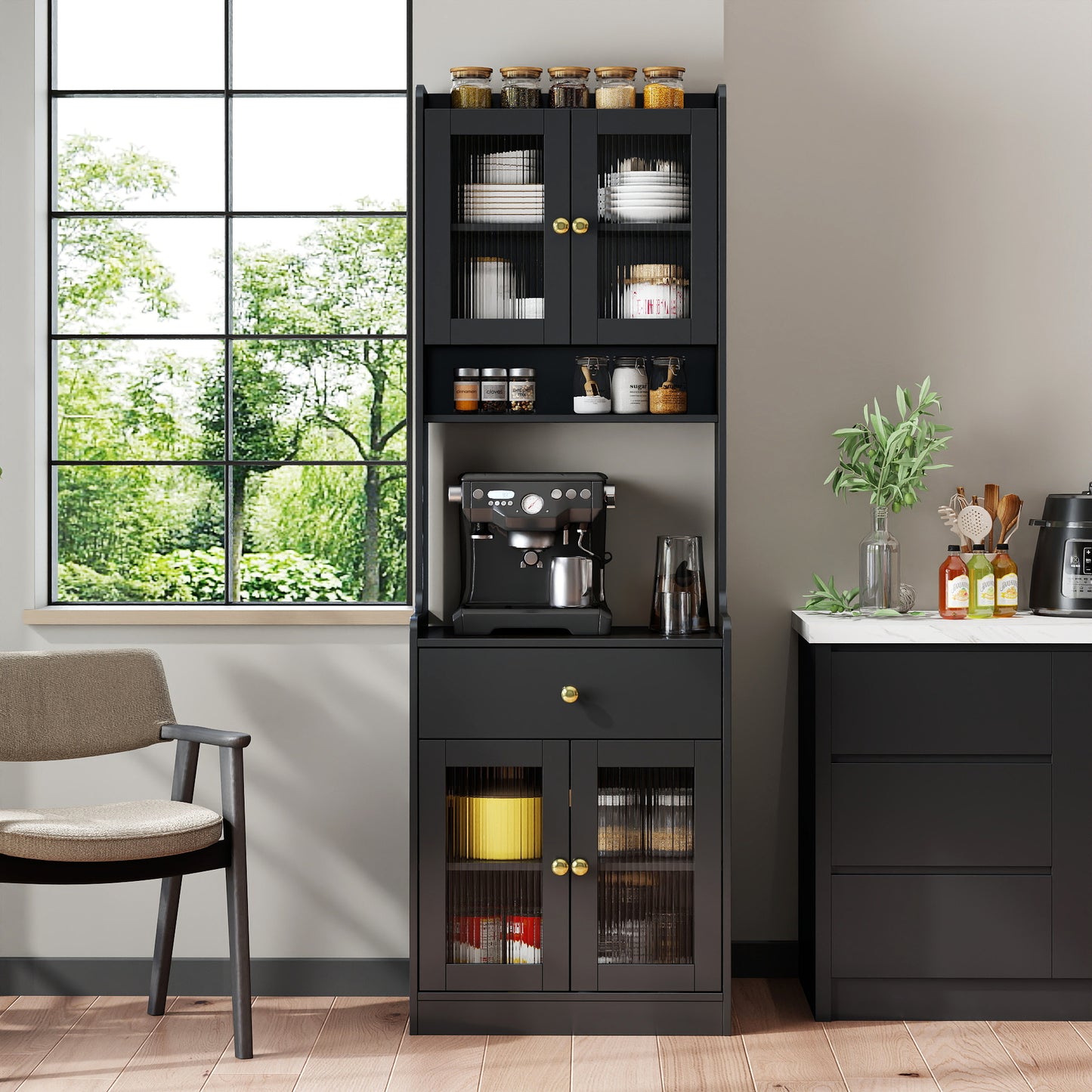 Black Kitchen Pantry Hutch Storage Cabinet, Farmhouse Buffet Cabinet