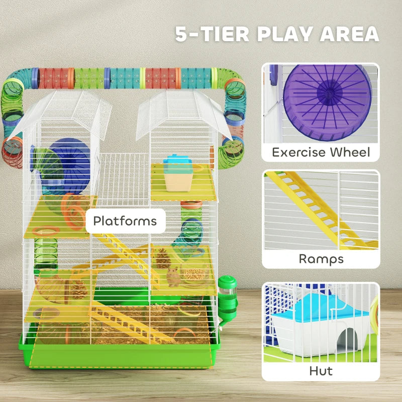 Small Animal Hamster Cage with Tunnels Water Bottle and Accessories - Green